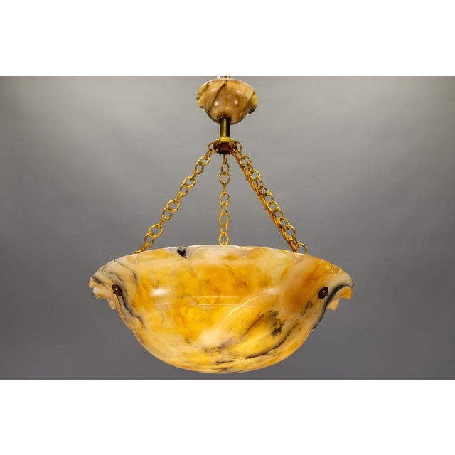 French Art Deco Yellow Alabaster Pendant with Dark Veining & Brass, 1920s For Sale - Image 18 of 18