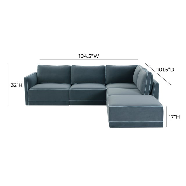 Willow Misty Blue with Pale Blue Piping Modular 5-Piece Performance Velvet RAF Sectional For Sale In Los Angeles - Image 6 of 6