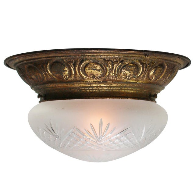 Glass French Brass Frosted and Clear Cut Glass Globe Flush Mount For Sale - Image 7 of 7