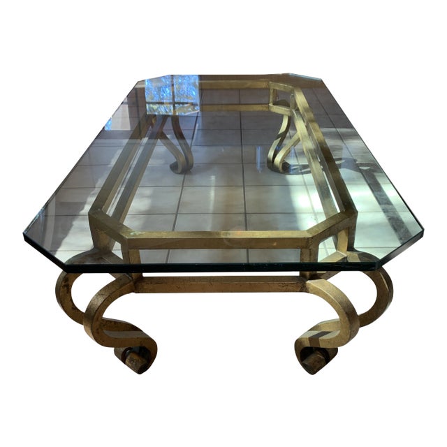 1960s Hollywood Regency Gilt Metal and Glass Coffee Table For Sale