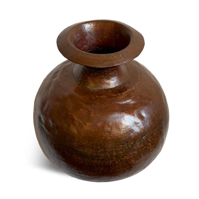 Antique copper water vessel pot from India. 4" wide opening at neck. Beautiful piece with aged patina and textures.