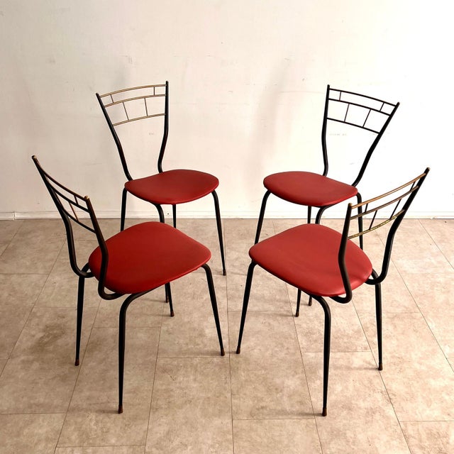 1960s Vintage Metal and Brass Chairs with Red Skai Seat, 1960s, Set of 4 For Sale - Image 5 of 5