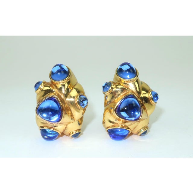 1980s Antigona Paris Gold Plated Sculptural Earrings With Blue Cabochons, a Pair For Sale - Image 5 of 12
