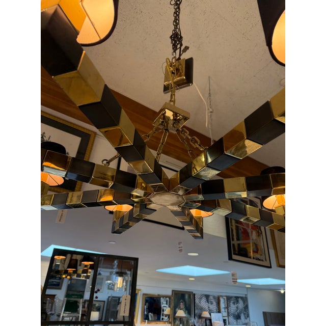 Custom Black + Gold Eight Light Chandelier For Sale - Image 9 of 12