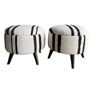 Pair of Off-white & Black Striped Ottomans Made From Vintage Turkish Rugs For Sale