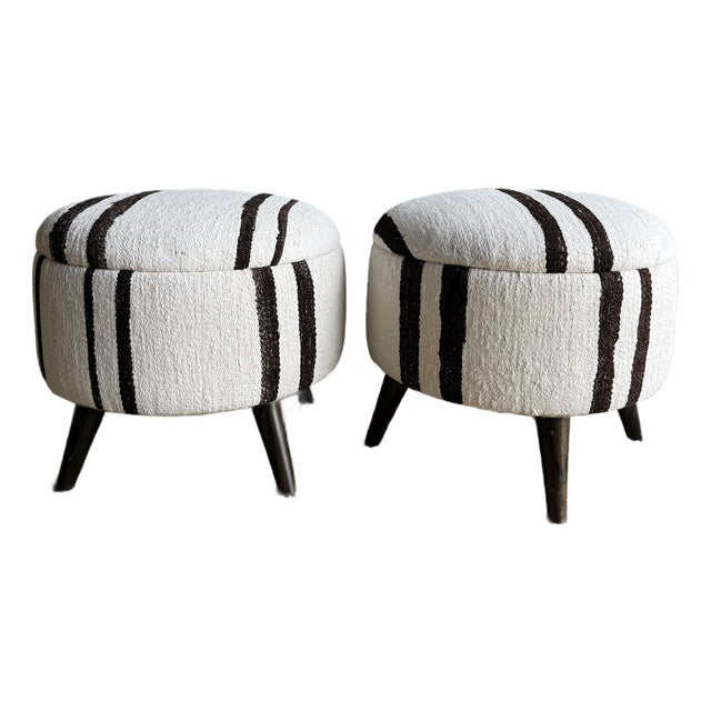 Pair of Off-white & Black Striped Ottomans Made From Vintage Turkish Rugs For Sale