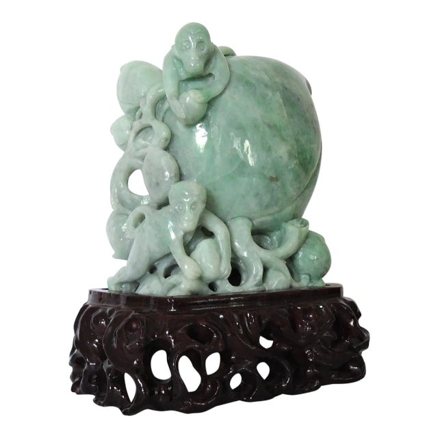 Chinese Natural Green Jade Carving of Auspicious Peach With Playful Monkeys on Custom Stand For Sale