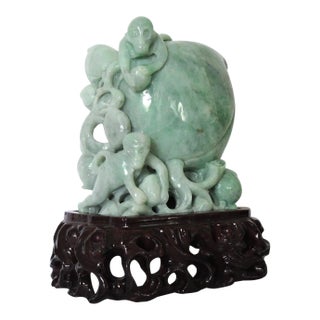 Solid Jade Carving of Auspicious Peach With Playful Monkeys on Custom Stand, Chinese Natural Green For Sale
