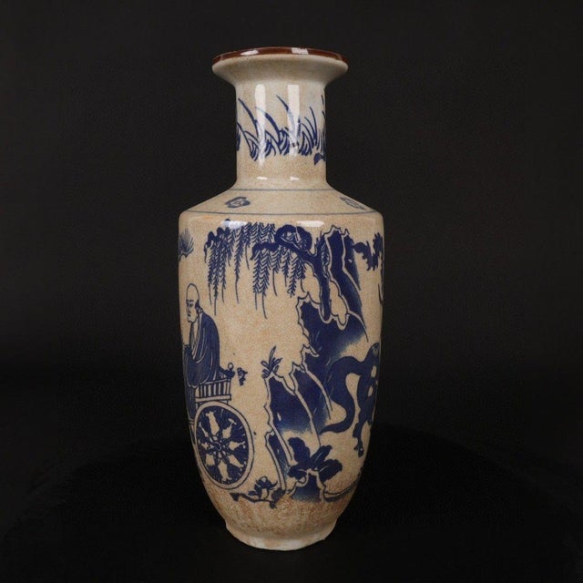 Asian Vintage Blue & White Rouleau Vase With Crackle Glaze For Sale - Image 3 of 9