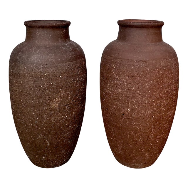Large Handcrafted Amphora-Shaped Terracotta Ceramic Floor Vases, Germany 1950s, Set of 2 For Sale