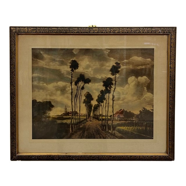 Vintage Framed Landscape Print Depicting Tree-Lined Country Road With Dramatic Sky For Sale