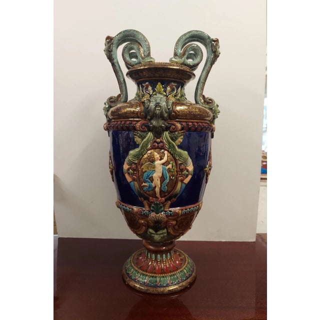 Antique Late 19th Century Italian Tall Majolica Vase With Serpentine Handles For Sale - Image 10 of 10