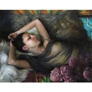 Languishing by Karen Offutt | Oil Painting of a woman reclining with flowers and soft textures For Sale