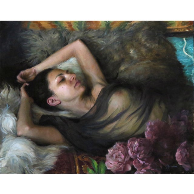 Languishing by Karen Offutt | Oil Painting of a woman reclining with flowers and soft textures For Sale