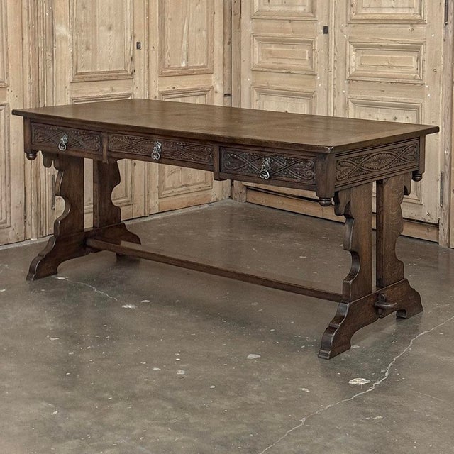 Antique Neo Gothic Carved Oak Trestle Three Drawer Writing Desk For Sale - Image 4 of 18