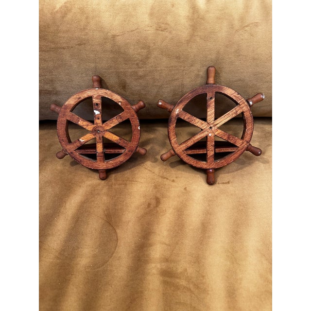 Vintage Nautical/Coastal Solid Wood Ship Wheel Wall Shelves, a Pair For Sale - Image 9 of 9