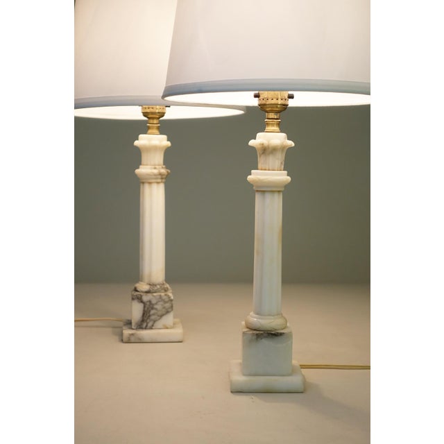 Hollywood Regency 1950s Neo Classic Hollywood Regency Modern Carrara Marble Corinthian Style Column Table Lamps - a Pair For Sale - Image 3 of 12