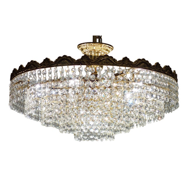 Brass and Lead Crystal Ten-Light Chandelier, 1970s For Sale