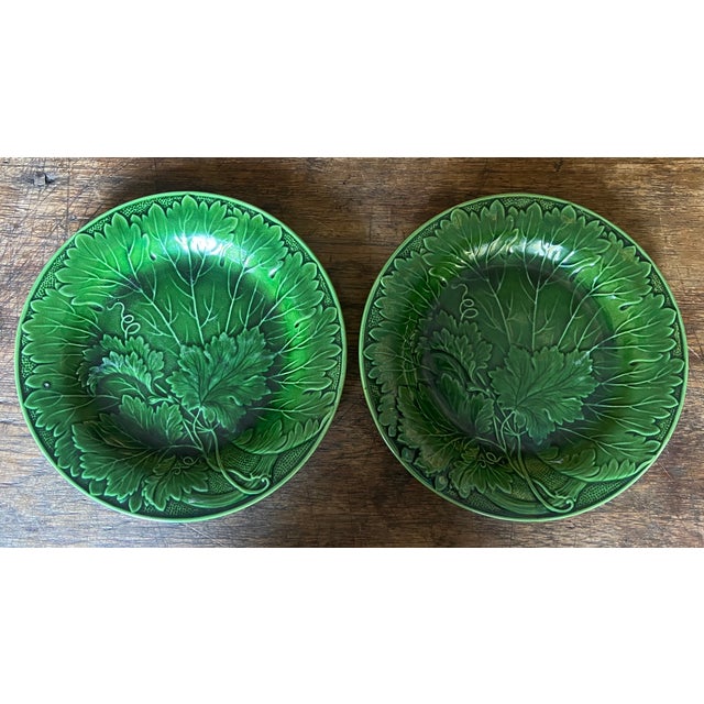 English Antique English Majolica Green Leaf Plates- Set of 2 For Sale - Image 3 of 8