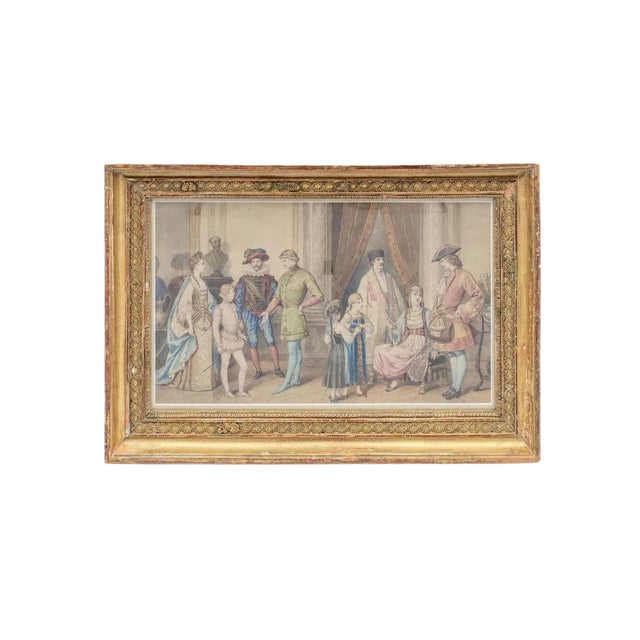 Framed Costume Ball Scene Watercolor, 1850s For Sale