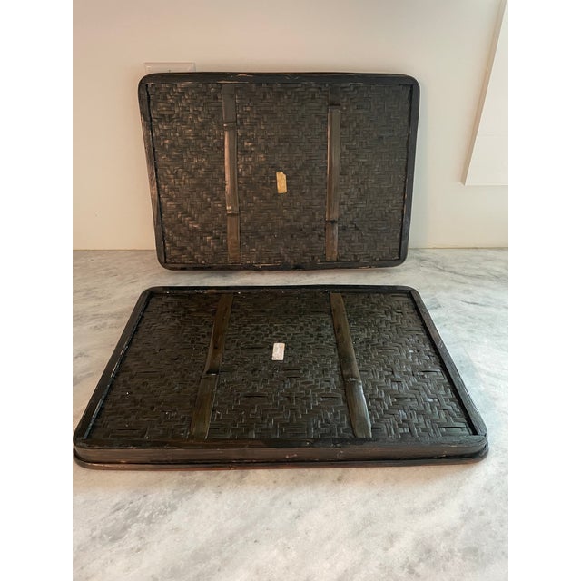 Pair of Vintage Midcentury Bamboo Platter Trays. Woven diamond pattern made from split dark bamboo.