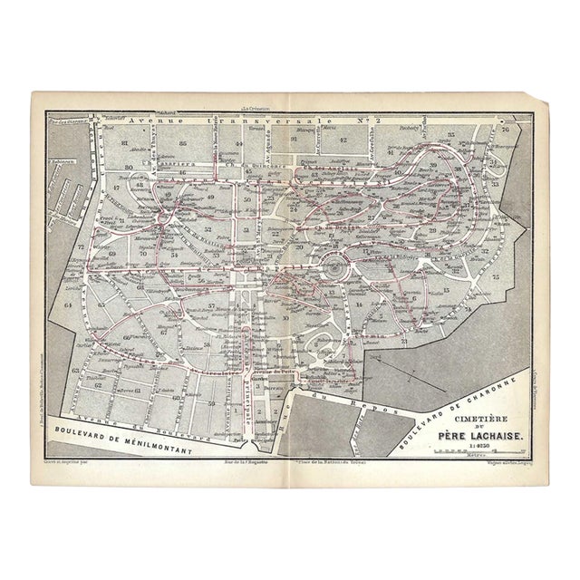 Antique Pere Lachaise Paris Cemetery Map For Sale
