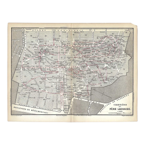 Antique Pere Lachaise Paris Cemetery Map
