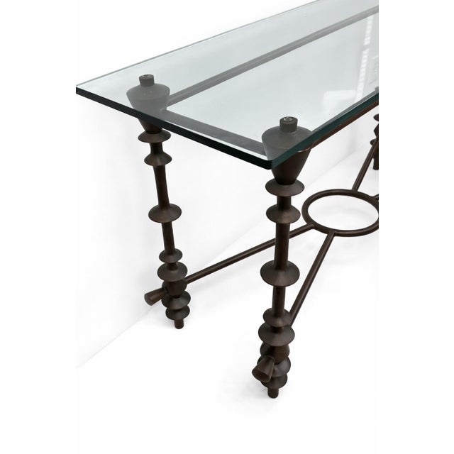1980s Giacometti-Style Patinated Bronzed and Glass Console Table For Sale - Image 5 of 10
