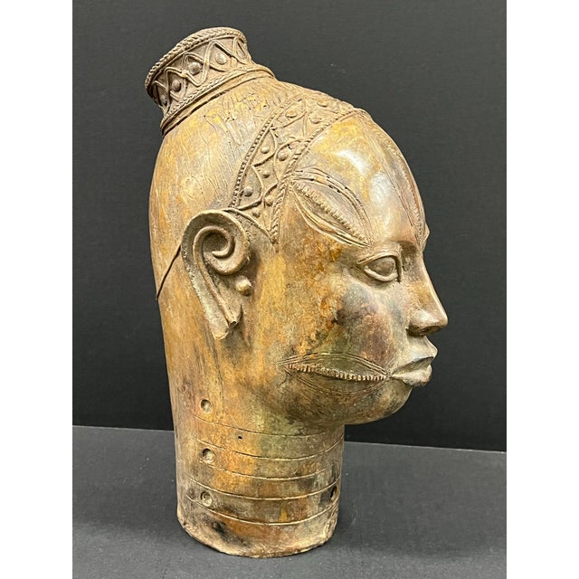 Late 20th Century Large Late 20th Century Benin Bronze Oba Head Sculpture African Art Object For Sale - Image 5 of 12