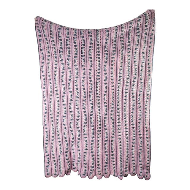 Pink Gray Afghan Lap Blanket Crocheted Pastel Spring Twin 84 X 52" For Sale