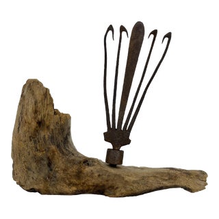 Antique 18th Century Scandinavian Eel Fork Sculpture Mounted on Driftwood Base For Sale