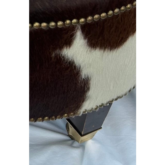 Vintage Cloverleaf Cowhide Ottoman With Brass Casters & Nailhead Trim For Sale - Image 6 of 7