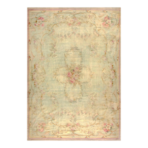 1930s Beige Floral Bouquet Antique Aubusson French Rug 8' X 11'5" Flatweave Wool Carpet