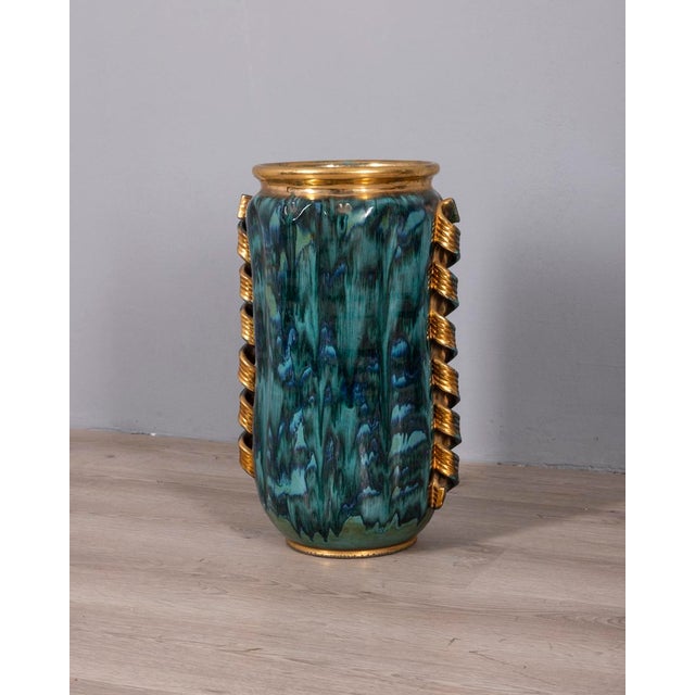 Large glazed and decorated ceramic vase in blue with gold details, Italian design, 1950s.