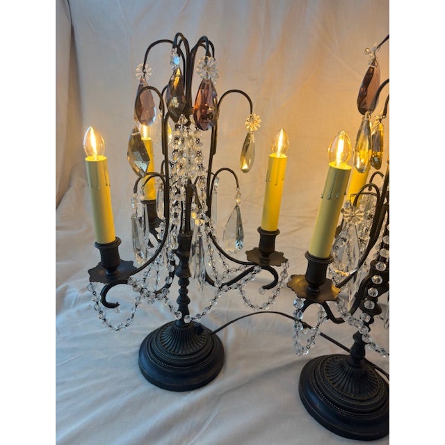 Beautiful set of French Girandole Candelabra lamps. Rewired and working, beautiful patina on lamp, new cardboard socket...
