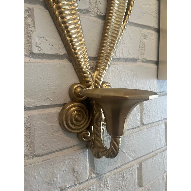 1980s 2 VTG Egyptian Inspired Ornate Faux Wicker & Rattan Scrolled Homco Candle Holders Set, Wall Hanging Decorative Candle Votives Gilded Gold Wall Sconces For Sale - Image 5 of 11