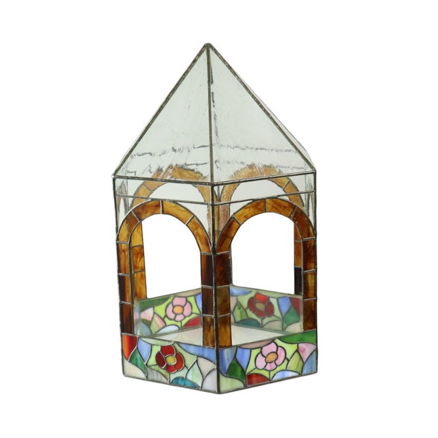 Very nice gazebo, candle holder, display object made entirely of stained glass; the colored flowers at the bottom are...