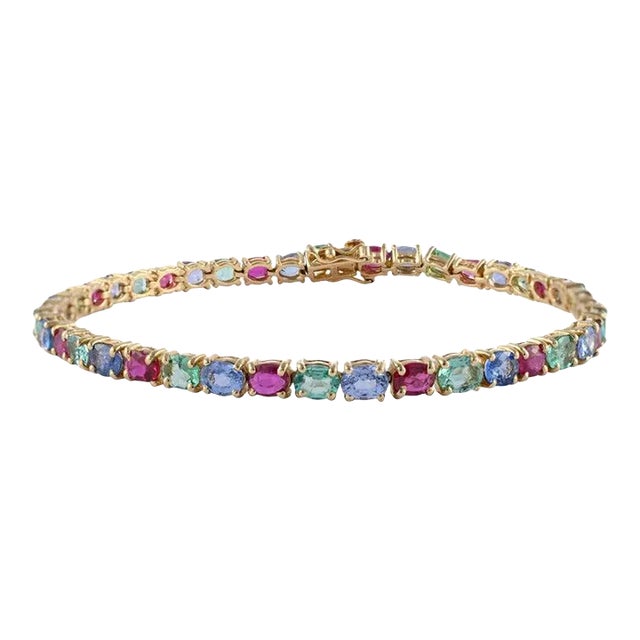 15.25 Carat Emerald, Ruby and Sapphire 14k Yellow Gold Tennis Bracelet For Sale