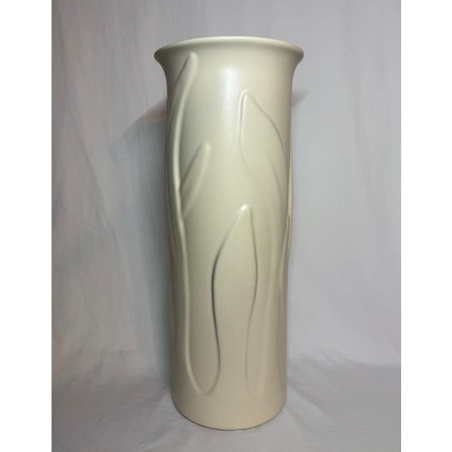 Cream Haeger 20” Tall Column Vase Relief Foliage Leaves For Sale - Image 8 of 10
