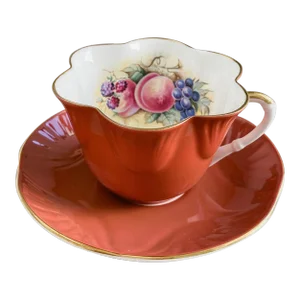 Vintage Crown Staffordshire Orange China Teacup and Saucer Set, 1960