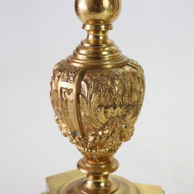 Pair of Antique French Brass & Fire Gilt Bronze Figural Candlesticks C1890 For Sale - Image 6 of 8