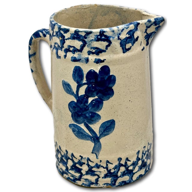 This Really is a Great Looking and Very Unusual Antique American Blue Sponge Ware Decorated Stoneware Milk Pitcher. Circa...