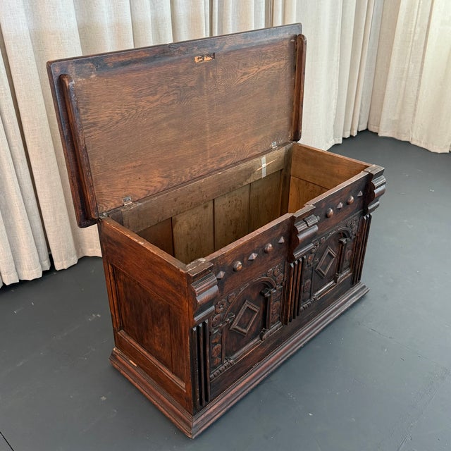 Antique Artisan Hand Carved Mahogany Blanket Chest Trunk For Sale - Image 4 of 10