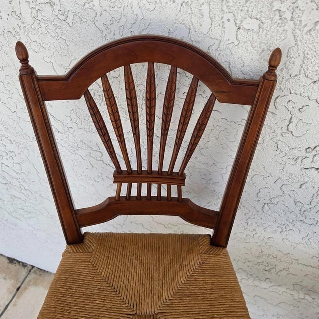 Wood Ethan Allen Country French Wheat Sheaf Back Rush Seat Bar Stools Set of 2 For Sale - Image 7 of 18