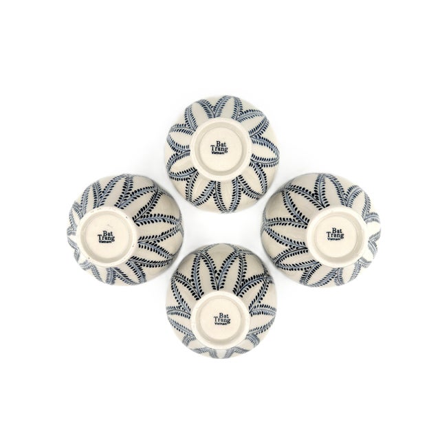 Set of 4 Bat Trang Vietnamese Ceramic Multipurpose Bowls With Blue Hand Painted Leaf Vine Motif For Sale - Image 10 of 11