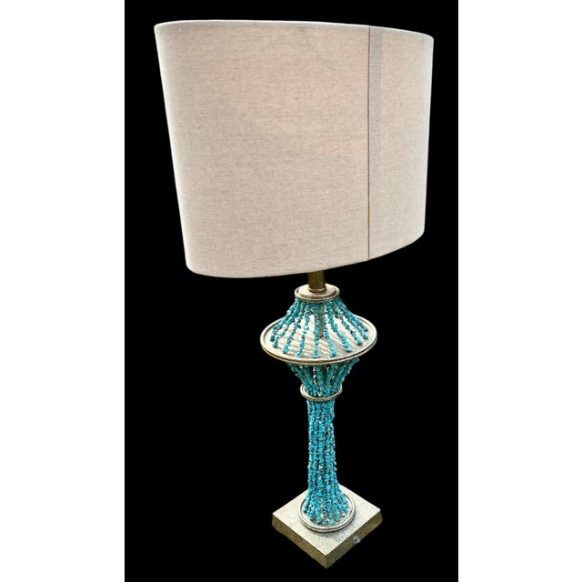 Turquoise Hand Strung Simulated Turquoise Strands Table Lamp With Linen Shade For Sale - Image 8 of 11