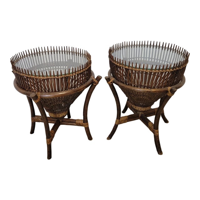 Pair Mid-Century McGuire Style Rattan End Tables With Spiked Gallery Rims For Sale