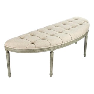 Louis Demilune Curve Tufted Bench - Linen Cotton / Sage Gray Painted Frame For Sale