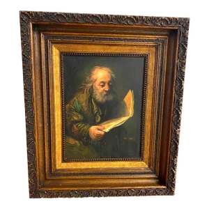 Artist Signed "Old Man Reading" Framed Oil Painting