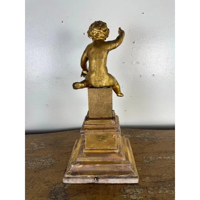 Gold 19th Century Italian Giltwood Cherub on Carved Plinth Base For Sale - Image 8 of 10